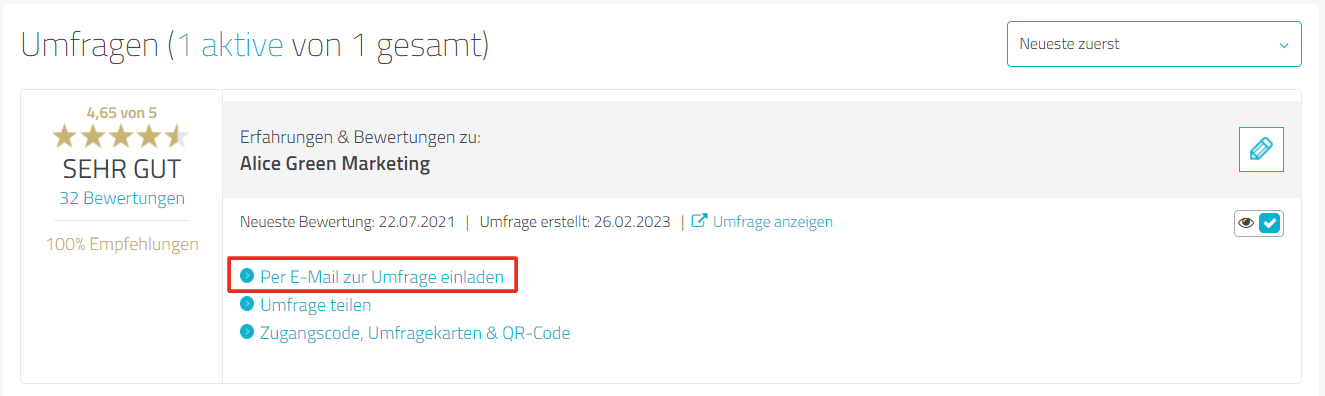 Umfrage mit der Option "Per Email zur Umfrage einladen"