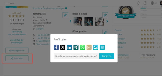 Profil teilen Optionen