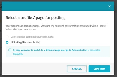 modal to select a page for posting