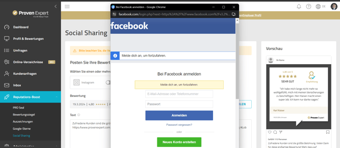 Facebook Authentifizierungsfenster