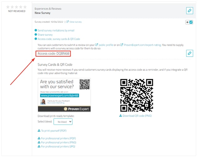 Option "Access code, survey cards & QR code" in detailed view, showing the survey access code