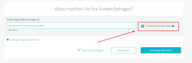 Umfragenseite, die Auswahlmöglichkeit "Als interne Umfrage starten" ist hervorgehoben, rechts neben dem Feld für den Umfragentitel