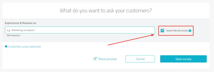 Survey page, the selection option "issue internal survey" is highlighted, to the right of the field for the survey title