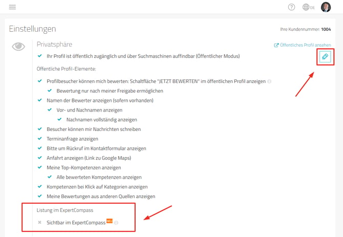 Einstellungsseite, der erste von zwei Pfeilen zeigt auf das Stift-Symbol in der oberen rechten Ecke, der zweite Pfeil zeigt auf den Part unten links "Sichtbar im ExpertCompass"