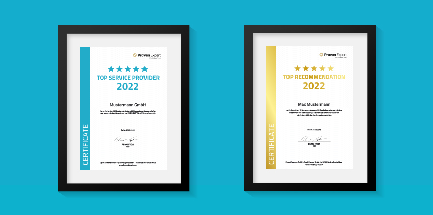 Awards certificates for TOP SERVICE PROVIDER and TOP RECOMMENDATION