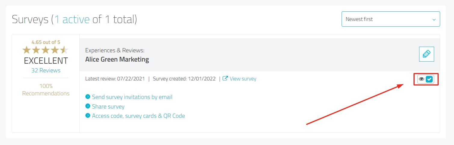 Survey page with survey where the eye icon is highlighted
