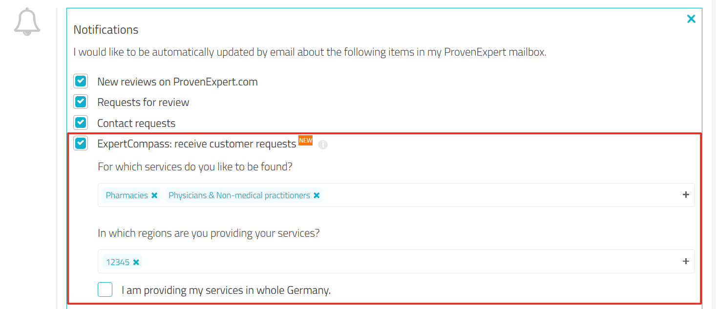 settings page with notification section, where ExpertCompass settings to receive customer requests is highlighted