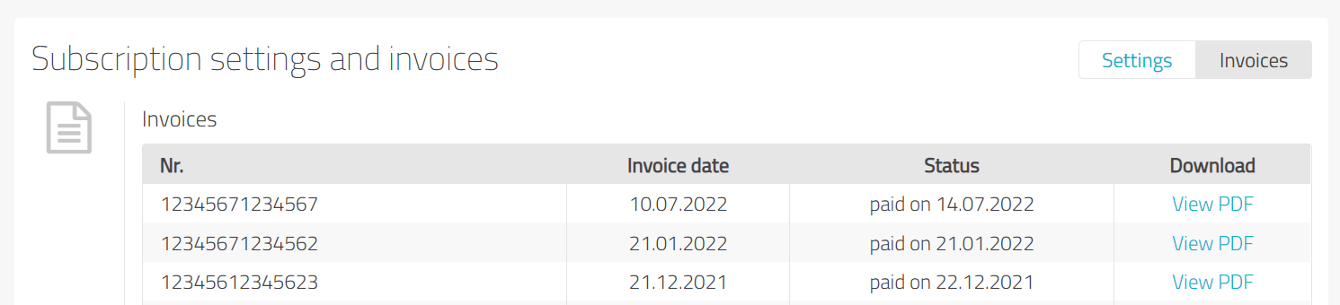 list of invoices