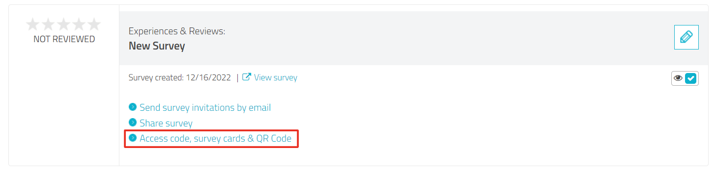 Survey with link " Access code, survey cards & QR Code" highlighted