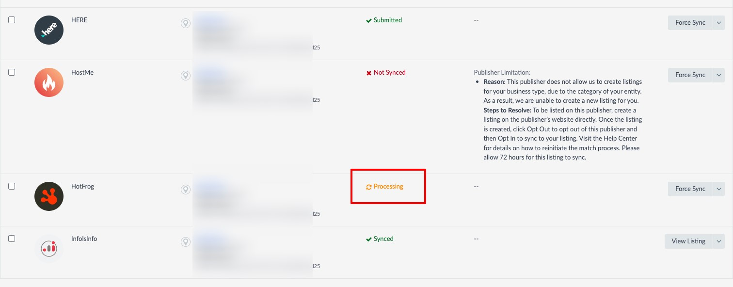 status column with status "processing"