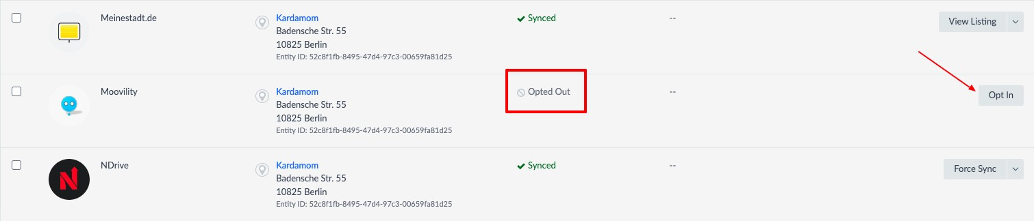 status column with status "opted out"