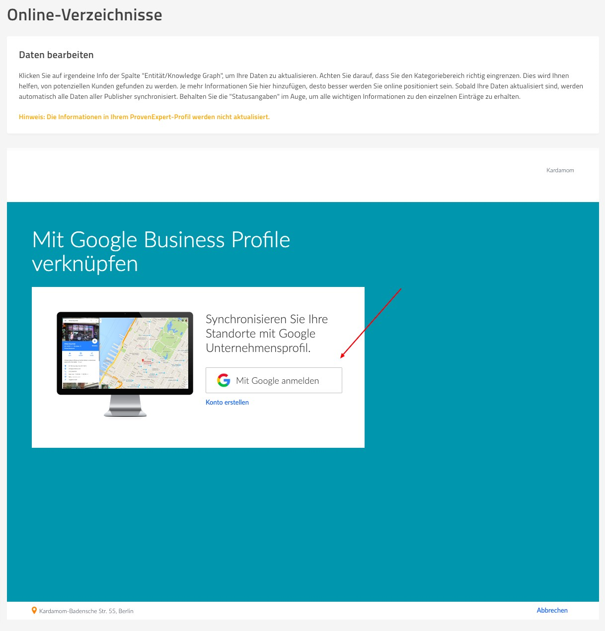 Fenster, um Google Business Profile zu verknüpfen