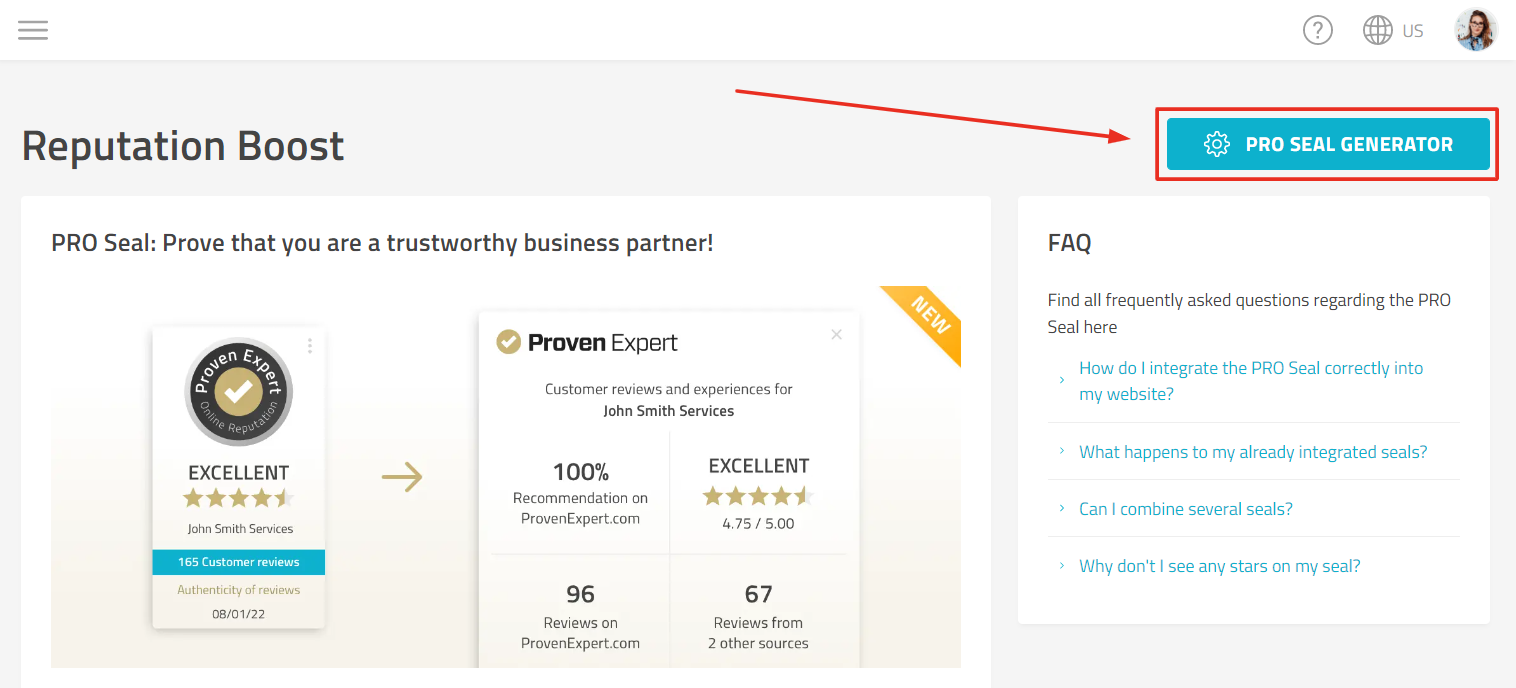 PRO Seal generator button on PRO Seal page in a ProvenExpert account