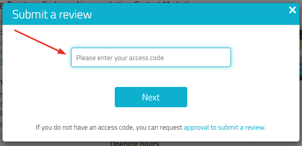 Window to submit a review where you can enter an access code