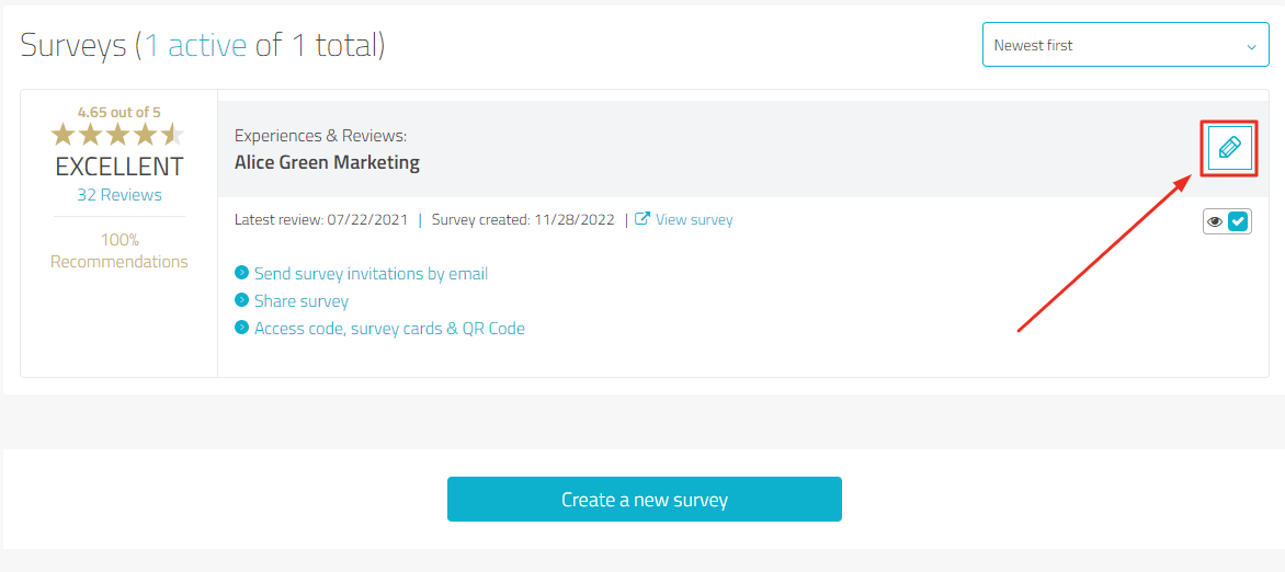 Survey page with highlight on editing pencil to show survey options