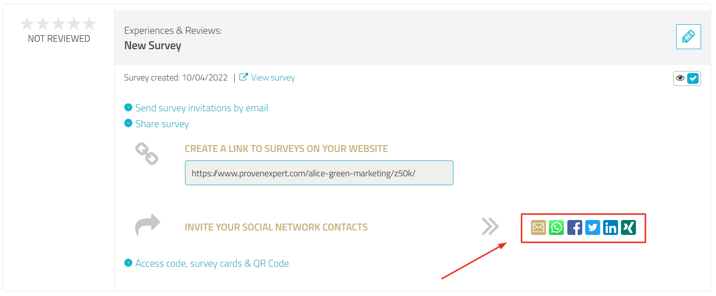 Option "Share survey" in detailed view with highlighted social channel icons