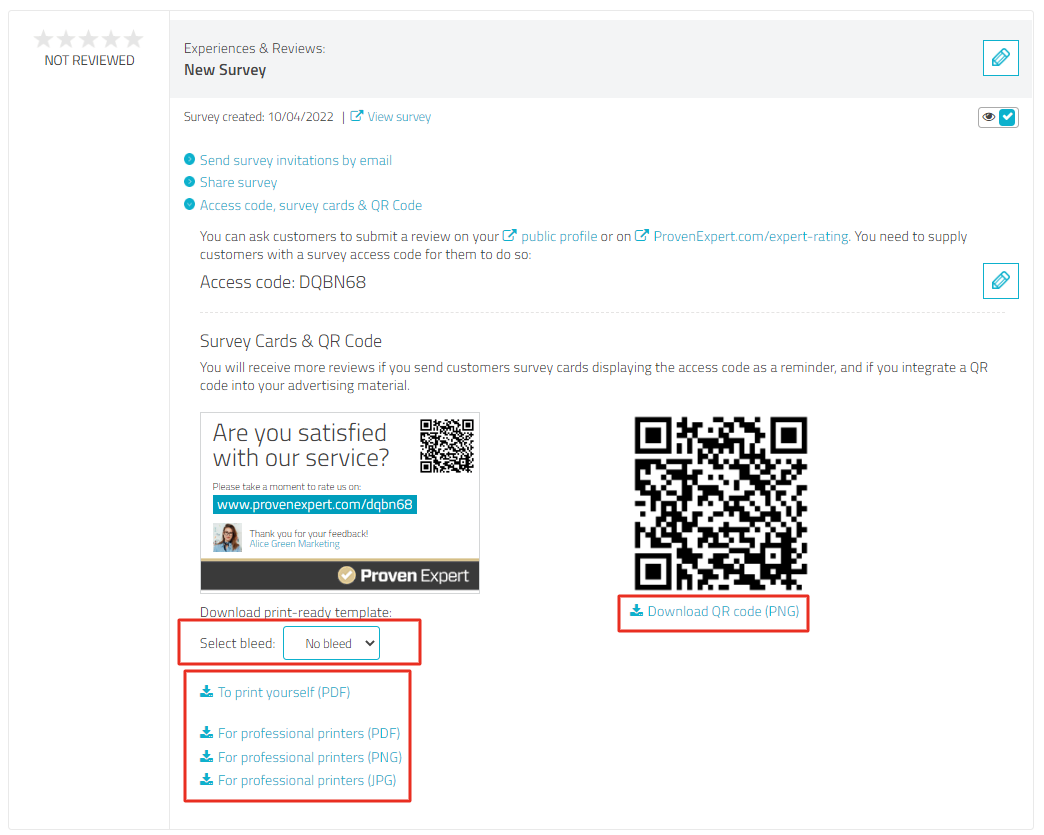 Option "Access code, survey cards & QR code" in expanded view, highlighting Survey Cards printing options and QR-Code for download