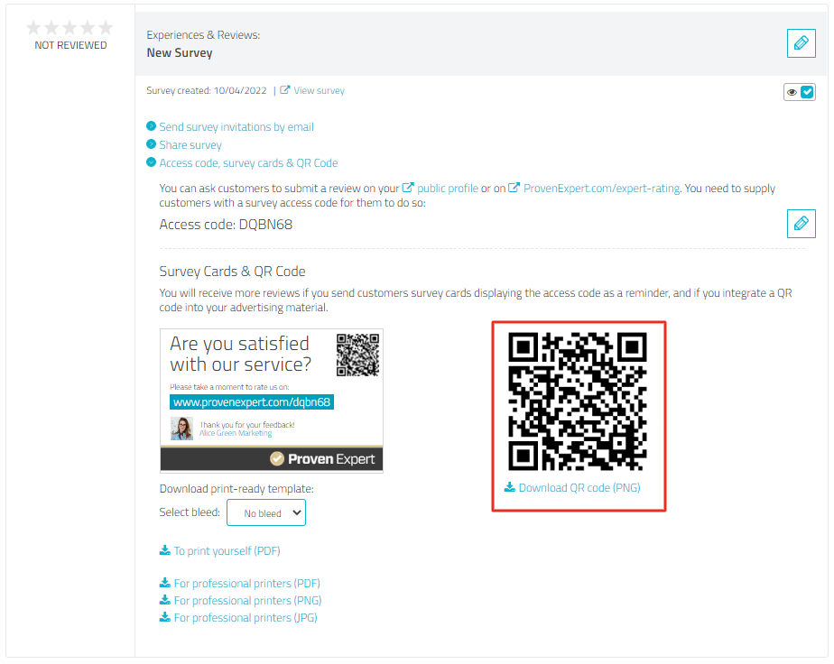 Section " Access code, survey cards & QR Code" in detailed view