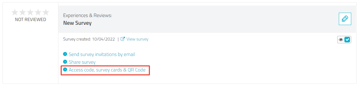 Survey with highlight on option "Access code, survey cards & QR code"