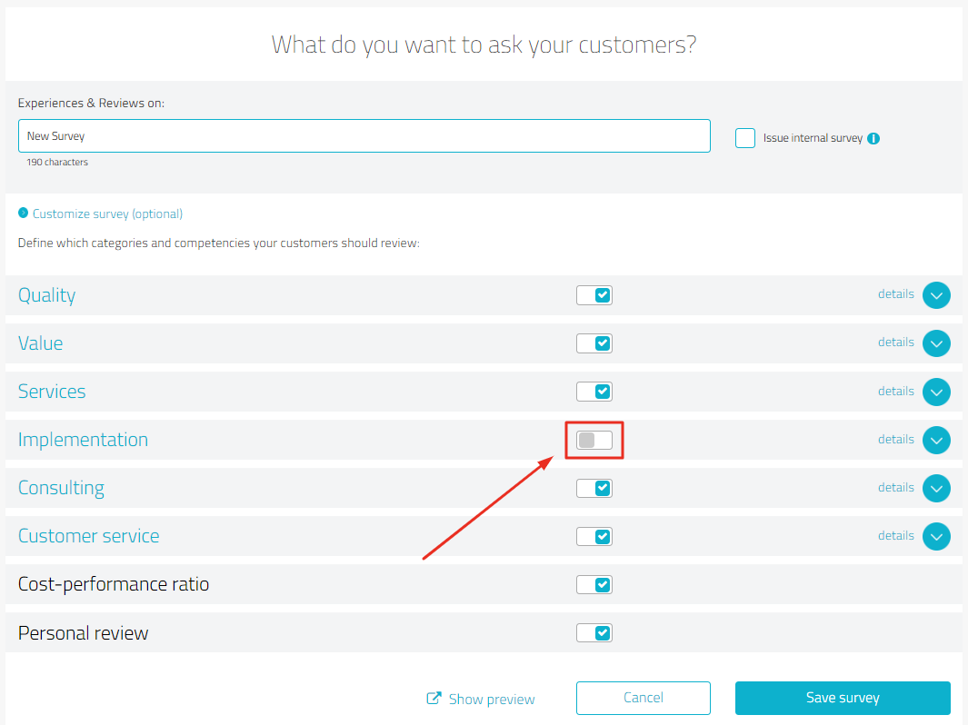 survey in edit mode with highlight on switch to deactivate a category