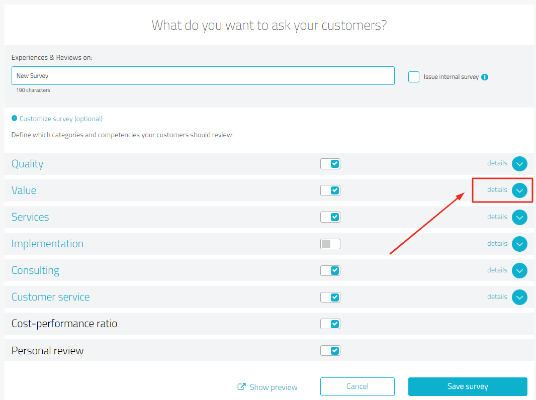 survey in edit mode with highlight on "details" to access the expanded view of the categories