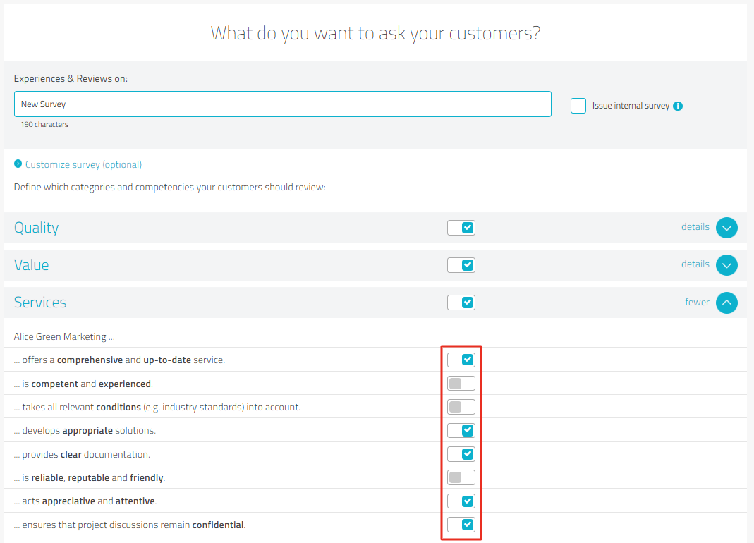 expanded view of a survey category with switches to deactivate specific survey questions