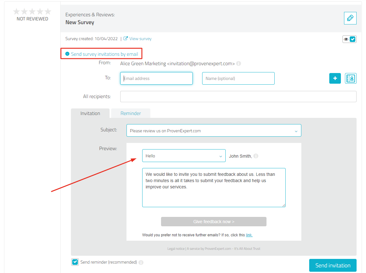 Option to Invite to the survey by e-mail with arrow pointing at salutation options