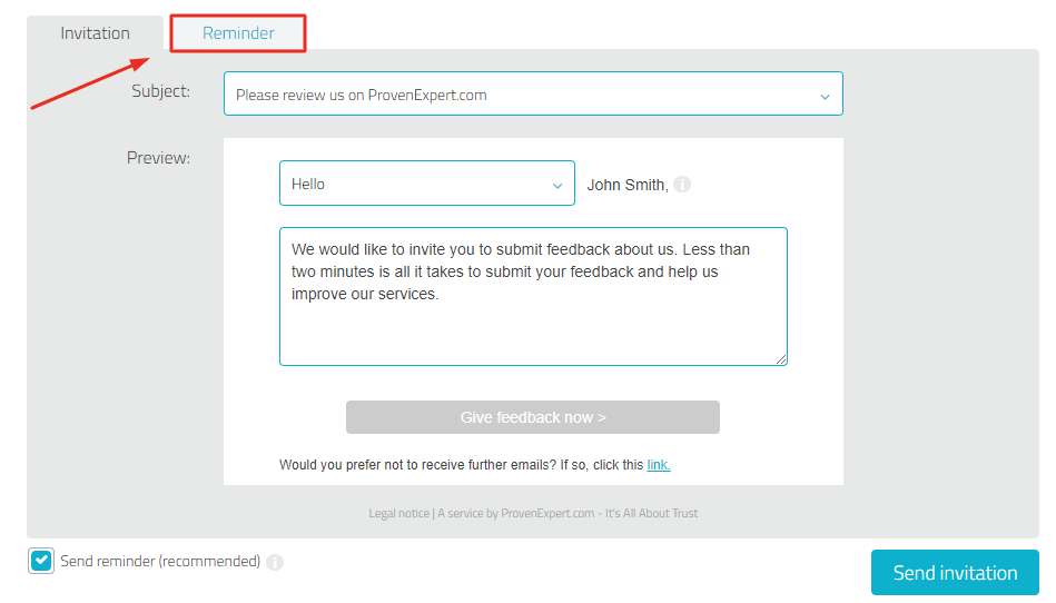 e-mail mask to invite someone to a survey with the tab "Reminder" highlighted