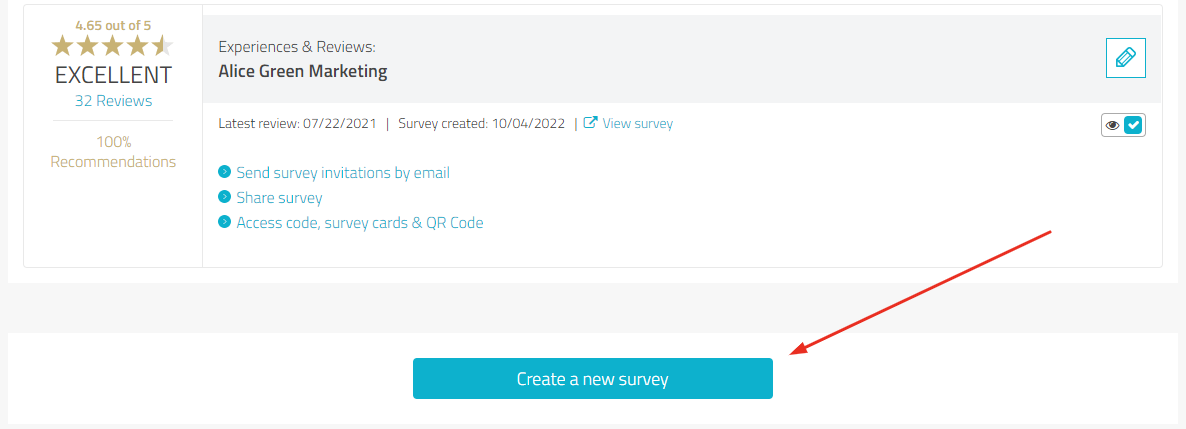 Survey page showing one survey and below the button "Create a new survey"