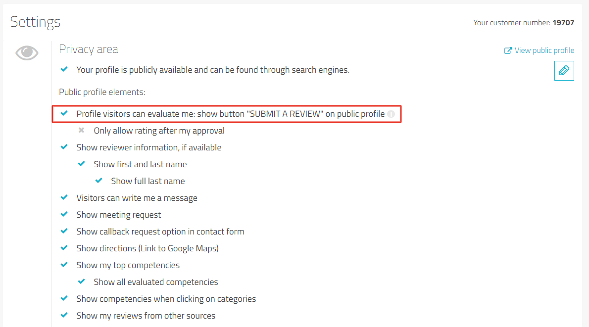 Settings page with a highlight on "Profile visitors can evaluate me: show button "SUBMIT A REVIEW" on public profile"