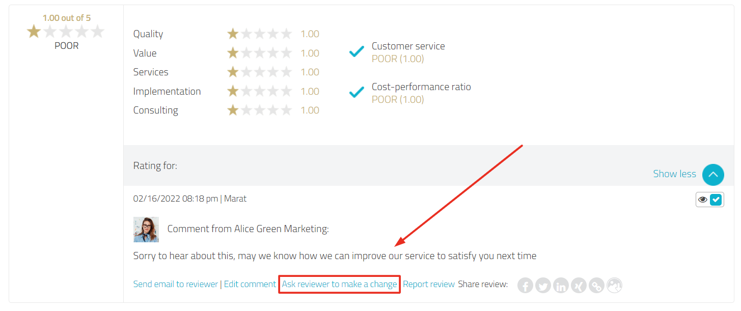in the lower part of the rating, the clickable text "ask reviewer to make a change" is highlighted