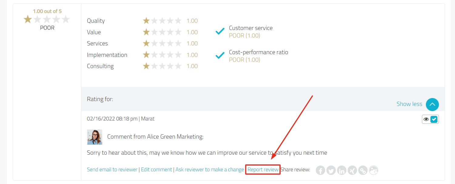 In the lower part of the rating, the clickable text "Report review" is highlighted