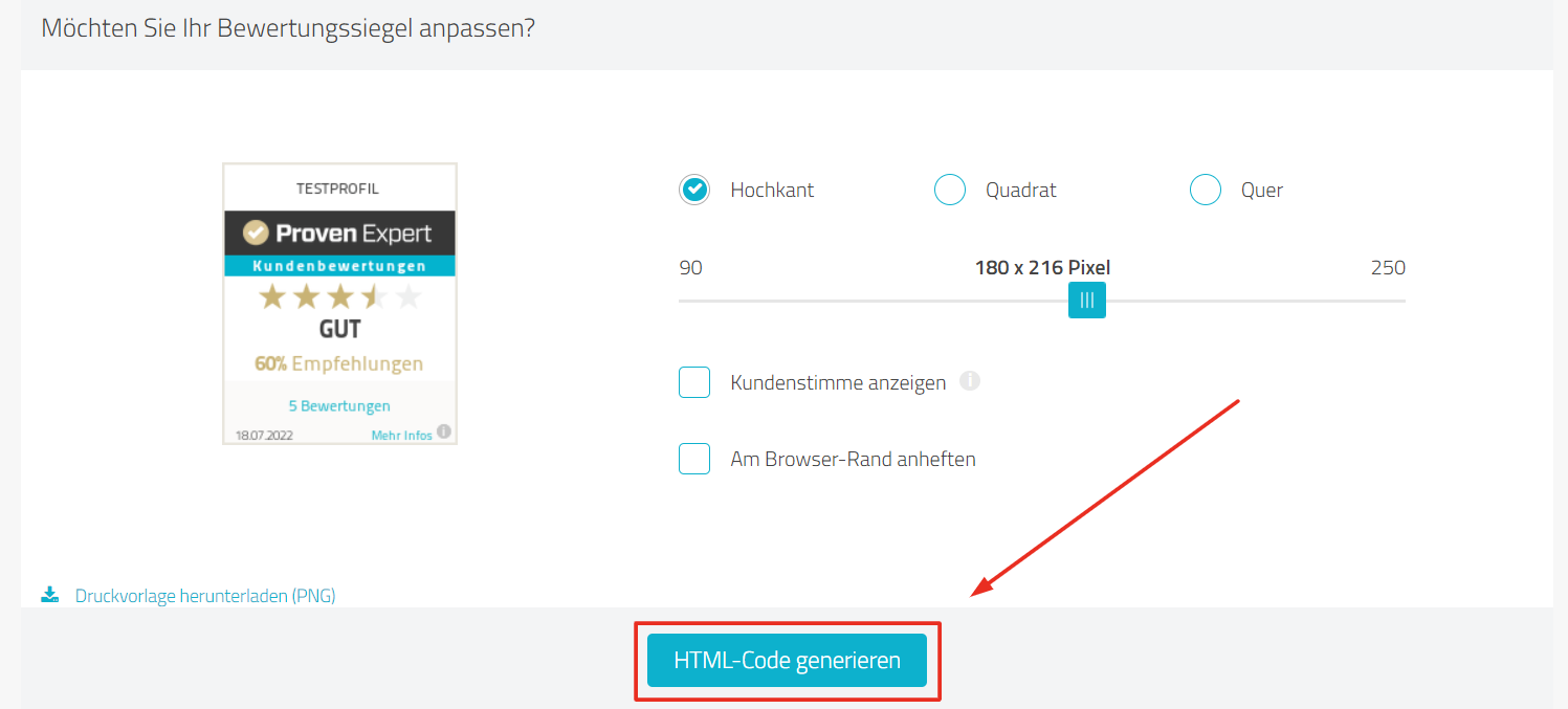 Bewertungssiegel Generator, Schaltfläche "HTML-Code generieren" hervorgehoben