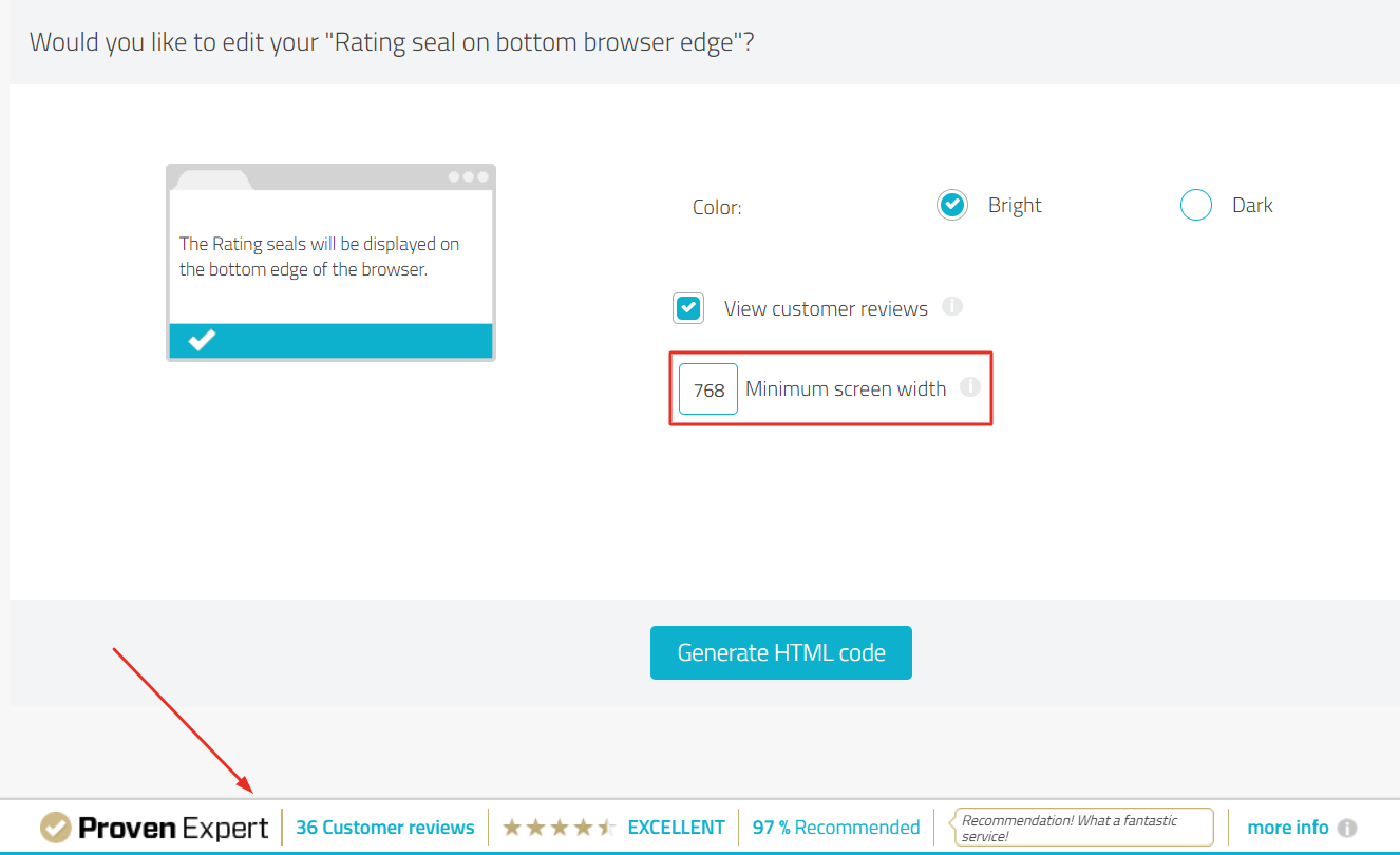 Rating seal generator, "Minimum screen width" is highlighted, a red arrow points to the preview at the bottom of the screen