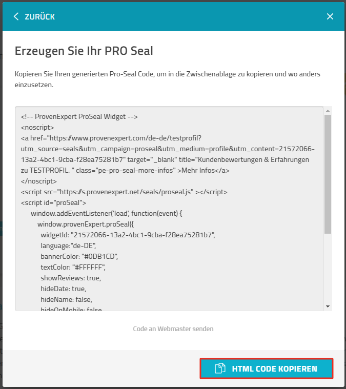 PRO Seal Generator, Schaltfläche "HTML Code kopieren" ist hervorgehoben