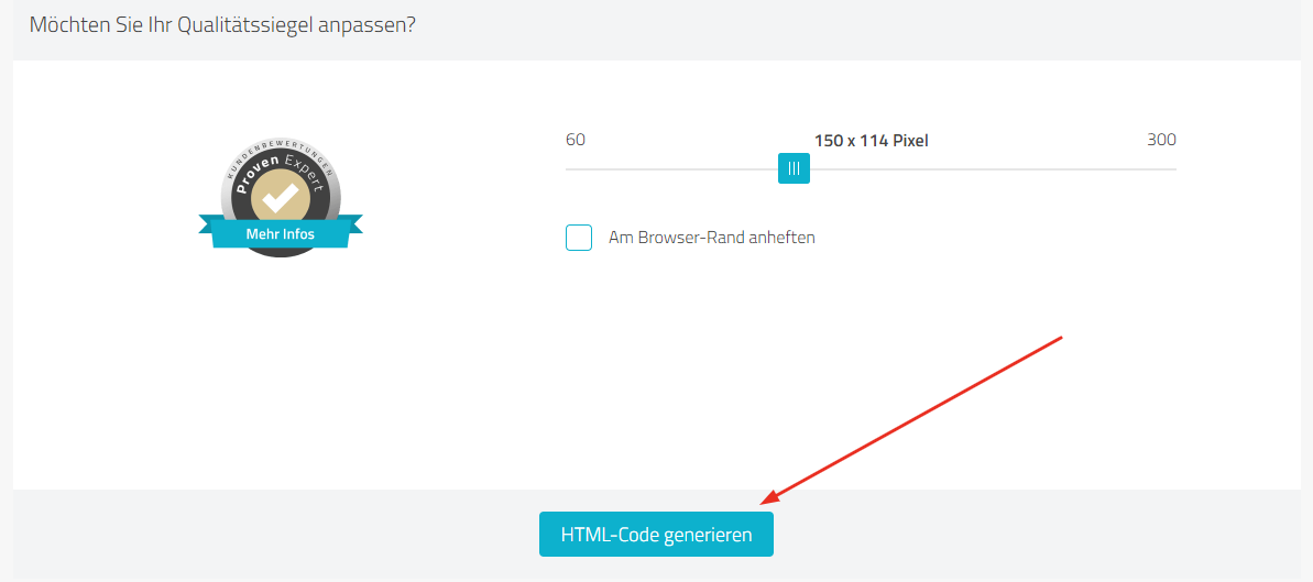 Qualitätssiegel Generator, Pfeil zeigt auf die Schaltfläche "HTML-Code generieren"