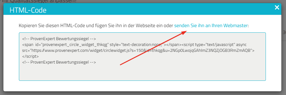 HTML-Code Maske, Pfeil zeigt auch hervorgehobenen Text "senden Sie ihn an Ihren Webmaster"