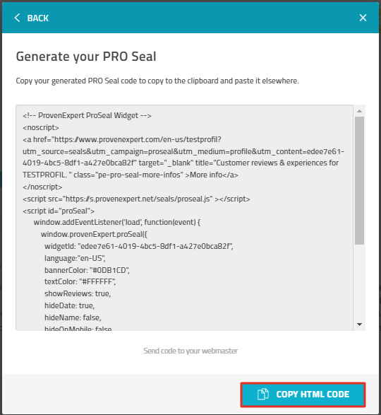 PRO Seal Generator, button "Copy HTML Code" is highlighted