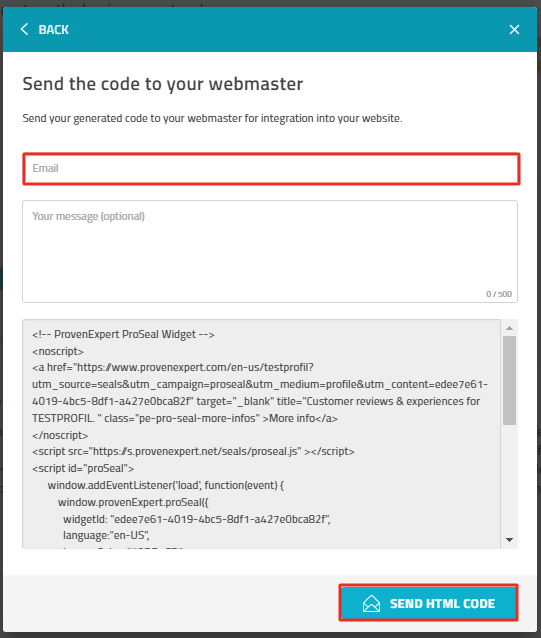 Screen for sending code, the e-mail input field and the button "Send HTML code" are highlighted