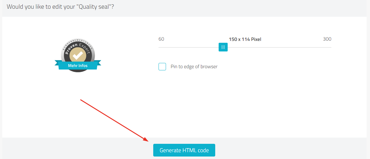 Quality seal generator, arrow points to the "Generate HTML code" button