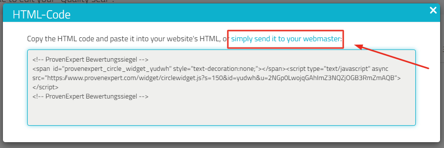HTML code mask, arrow points at highlighted text "simply send it to your webmaster"