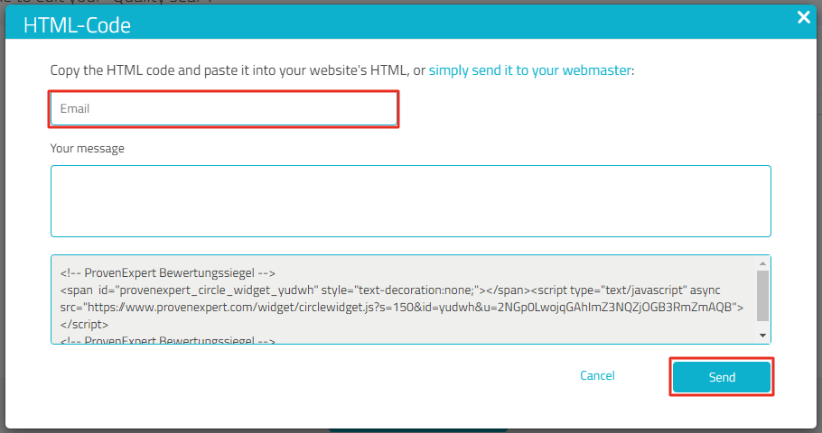 Mask for sending the code, the e-mail input field and the "Send" button are highlighted