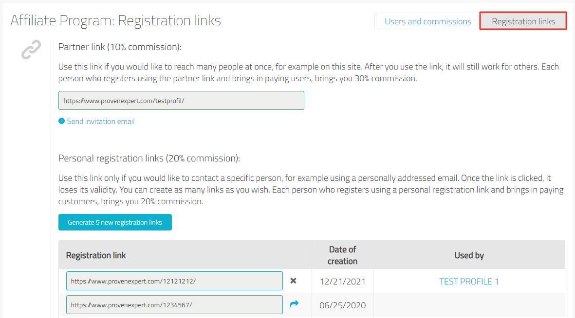 Affiliate Program page, the "Registration links" button at the top of the screen on the right is highlighted