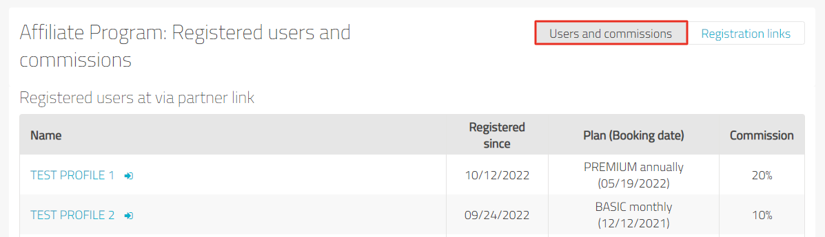 Affiliate programme page, the "User and commissions" button is highlighted above the commission table