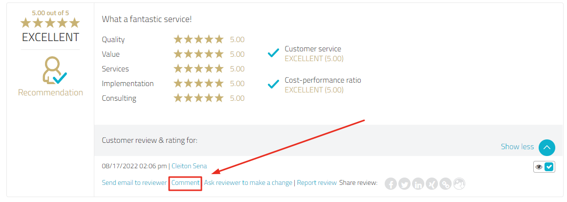 ProvenExpert review in extended view with button "Comment" highlighted