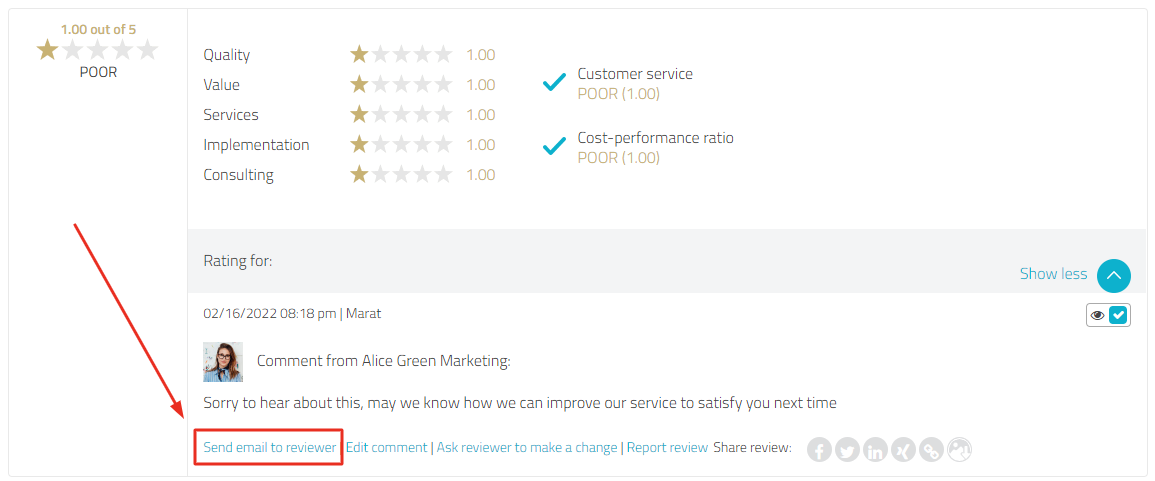 ProvenExpert review in extended view with button "Send email to reviewer" highlighted