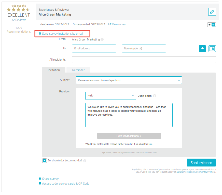section inside the product where profile owner can send survey invitation by email