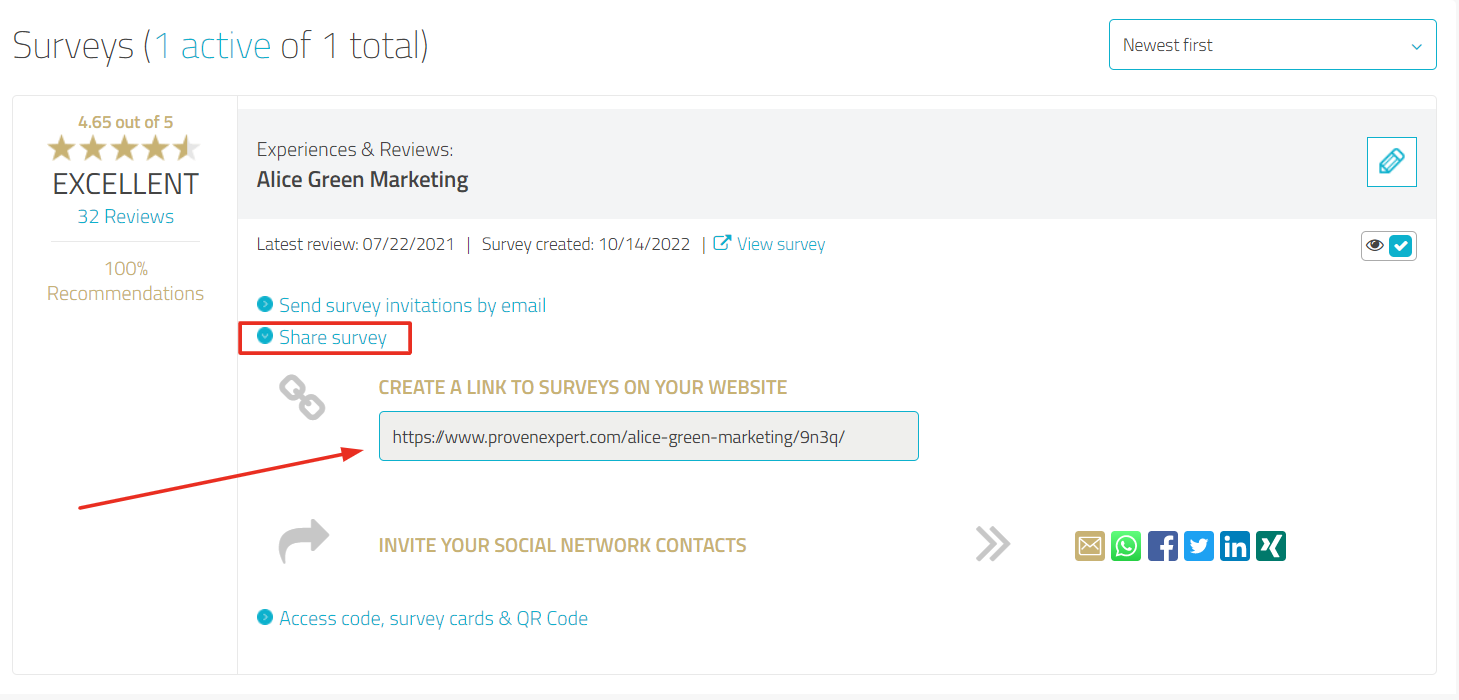 Survey with expanded view of option to share a survey, arrow pointing at the survey link