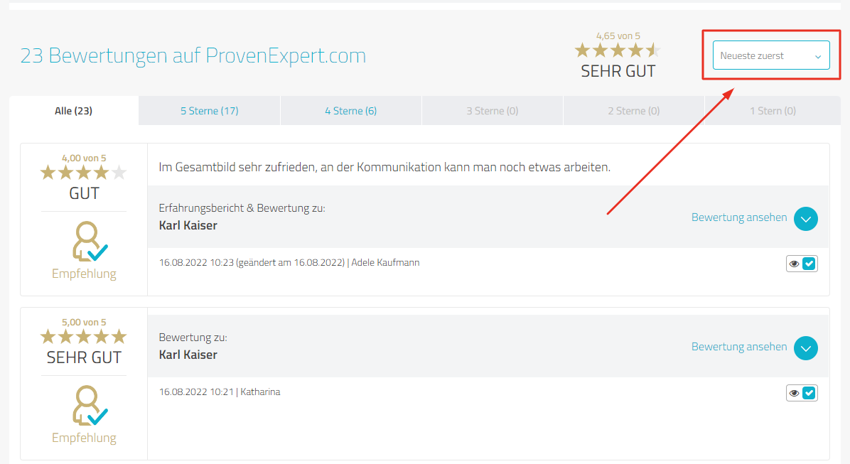 Profilseite im Editiermodus mit Filteroption für ProvenExpert-Bewertungen, die "Neuste zuerst" anzeigt