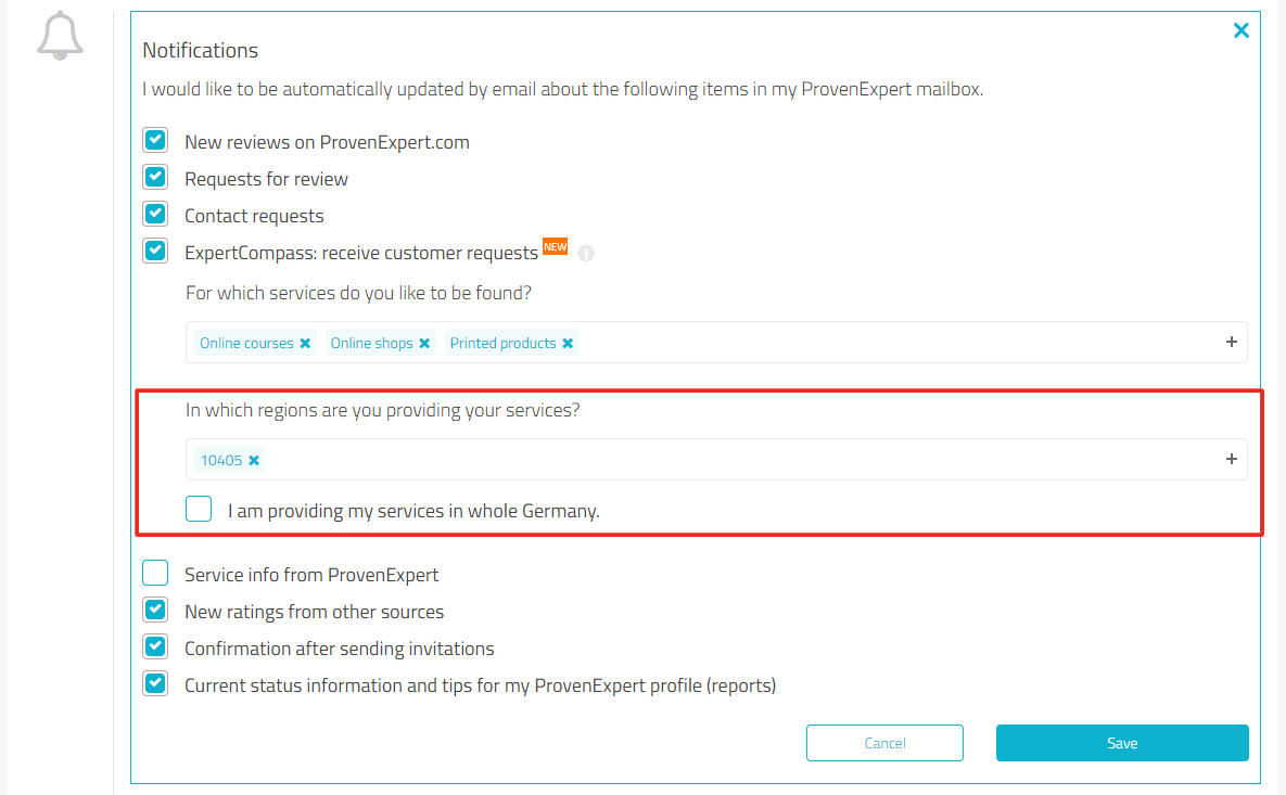 Settings page, in the notifications section, the "In which regions are you providing your services?" is highlighted